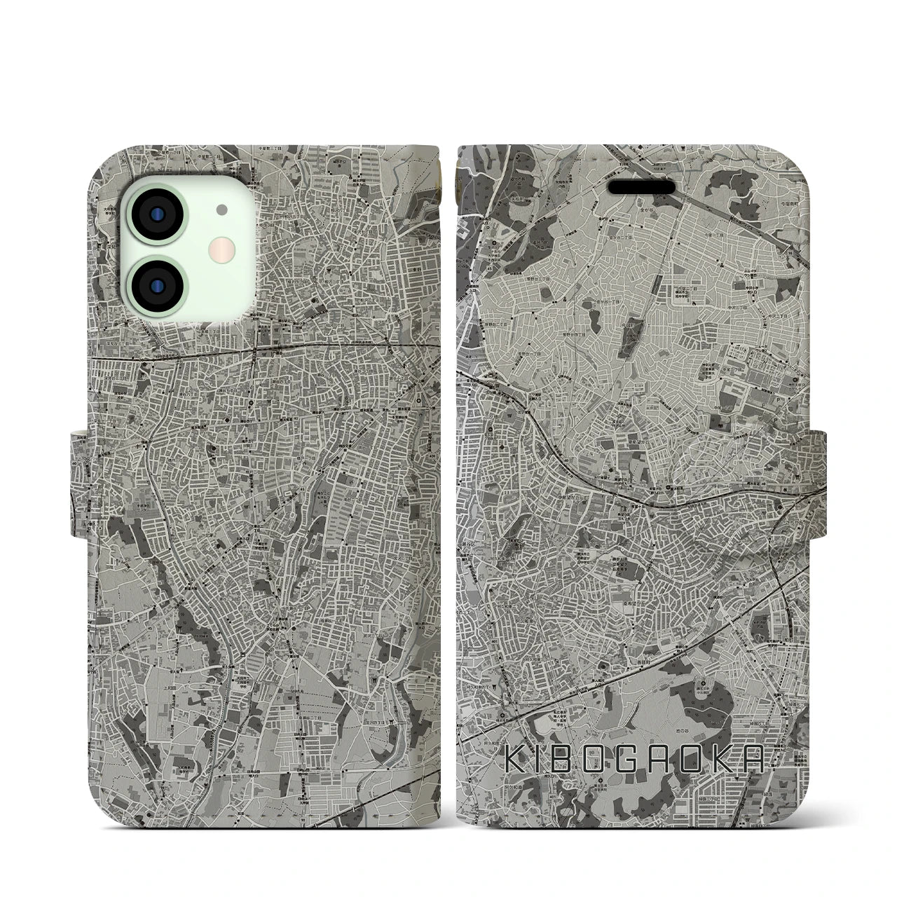 【希望ヶ丘(神奈川県)】地図柄iPhoneケース(手帳タイプ)モノトーン・iPhone 12 mini 用