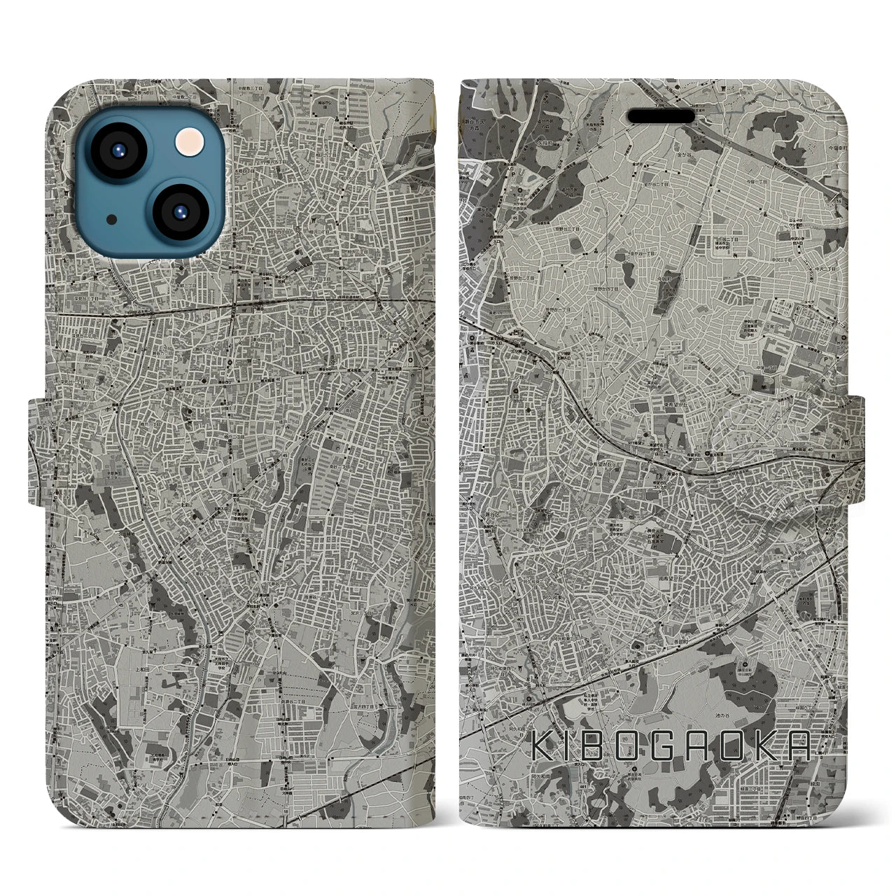 【希望ヶ丘(神奈川県)】地図柄iPhoneケース(手帳タイプ)モノトーン・iPhone 13 用