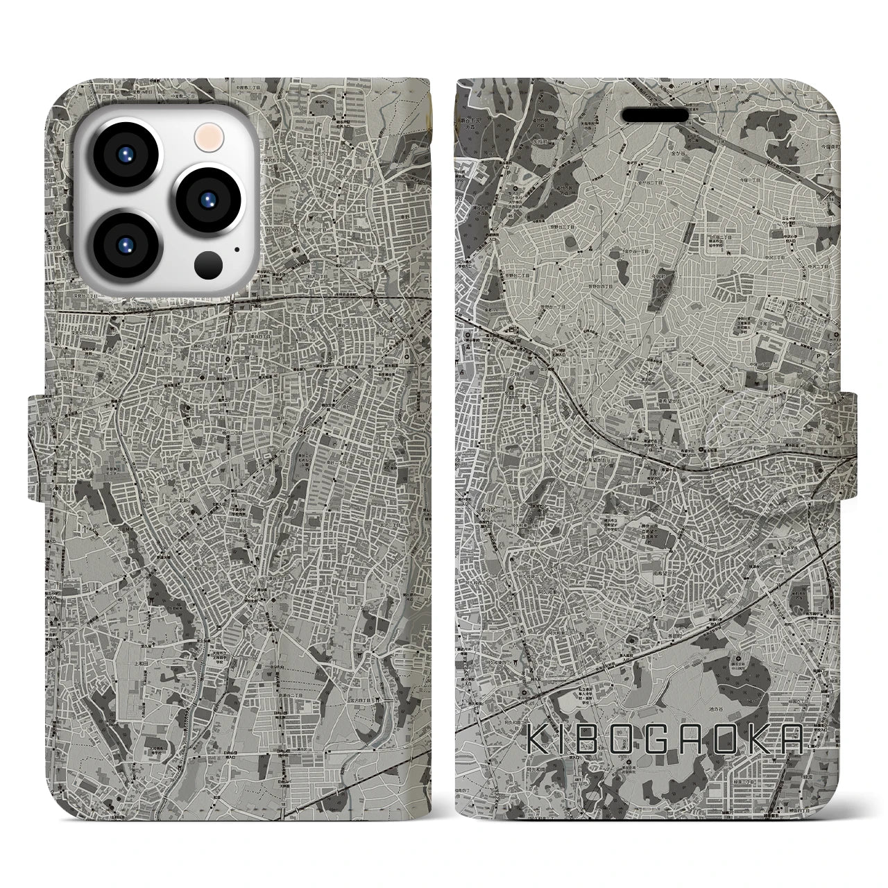 【希望ヶ丘(神奈川県)】地図柄iPhoneケース(手帳タイプ)モノトーン・iPhone 13 Pro 用