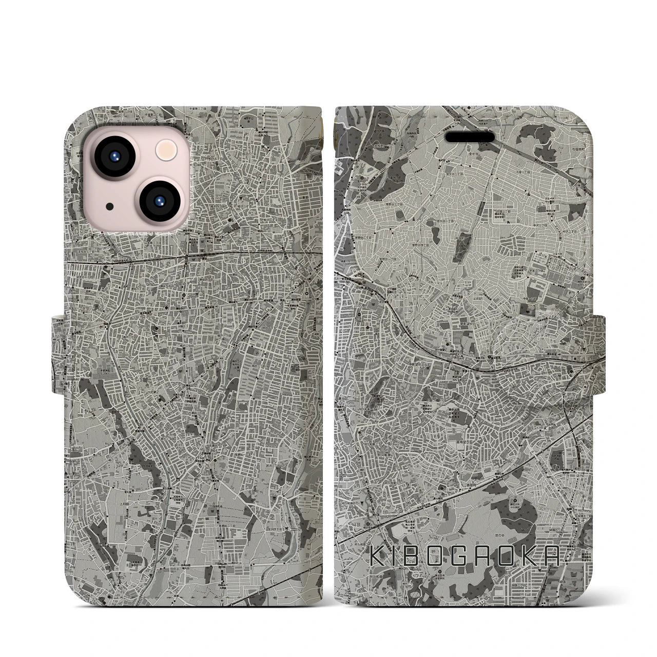 【希望ヶ丘(神奈川県)】地図柄iPhoneケース(手帳タイプ)モノトーン・iPhone 13 mini 用