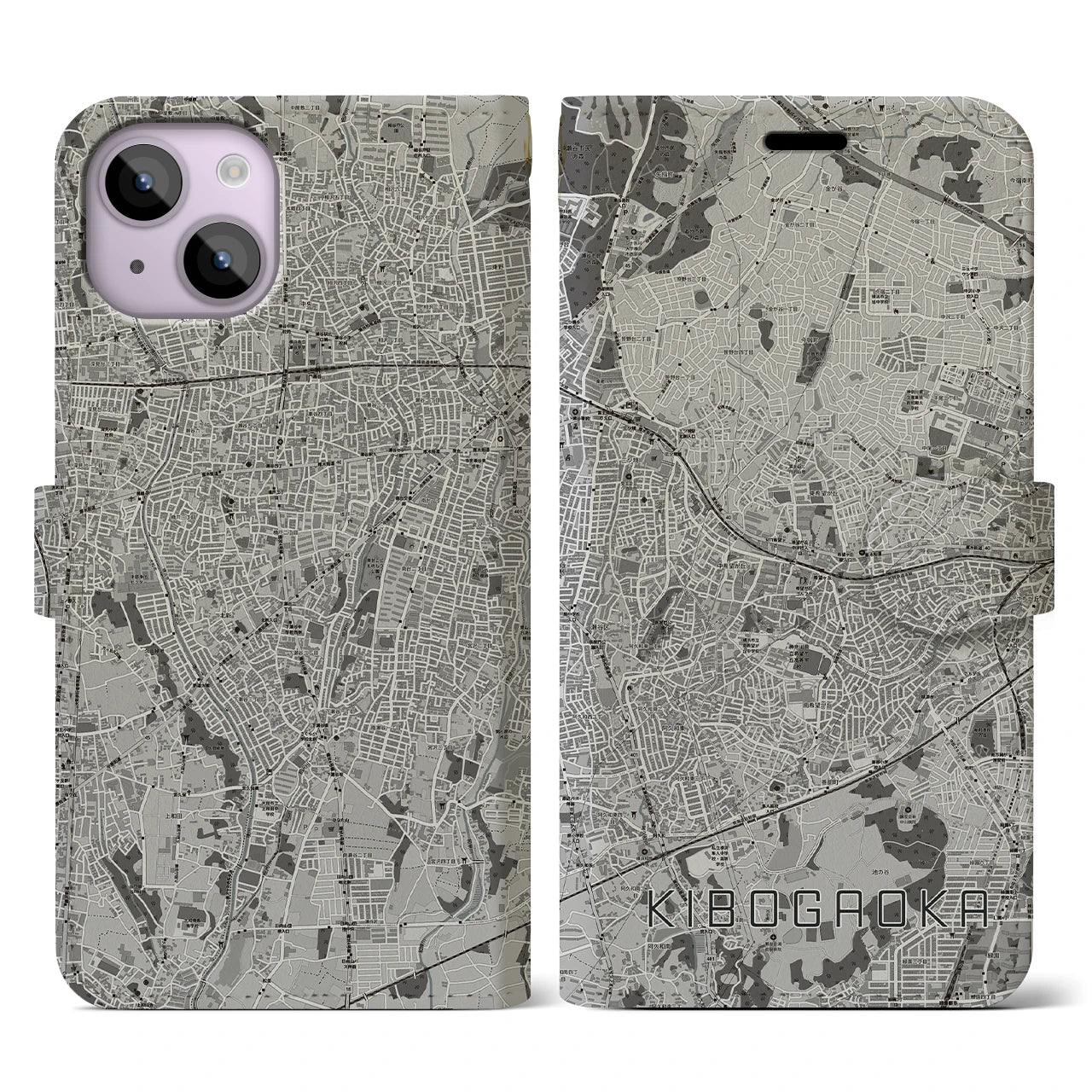 【希望ヶ丘(神奈川県)】地図柄iPhoneケース(手帳タイプ)モノトーン・iPhone 14 用