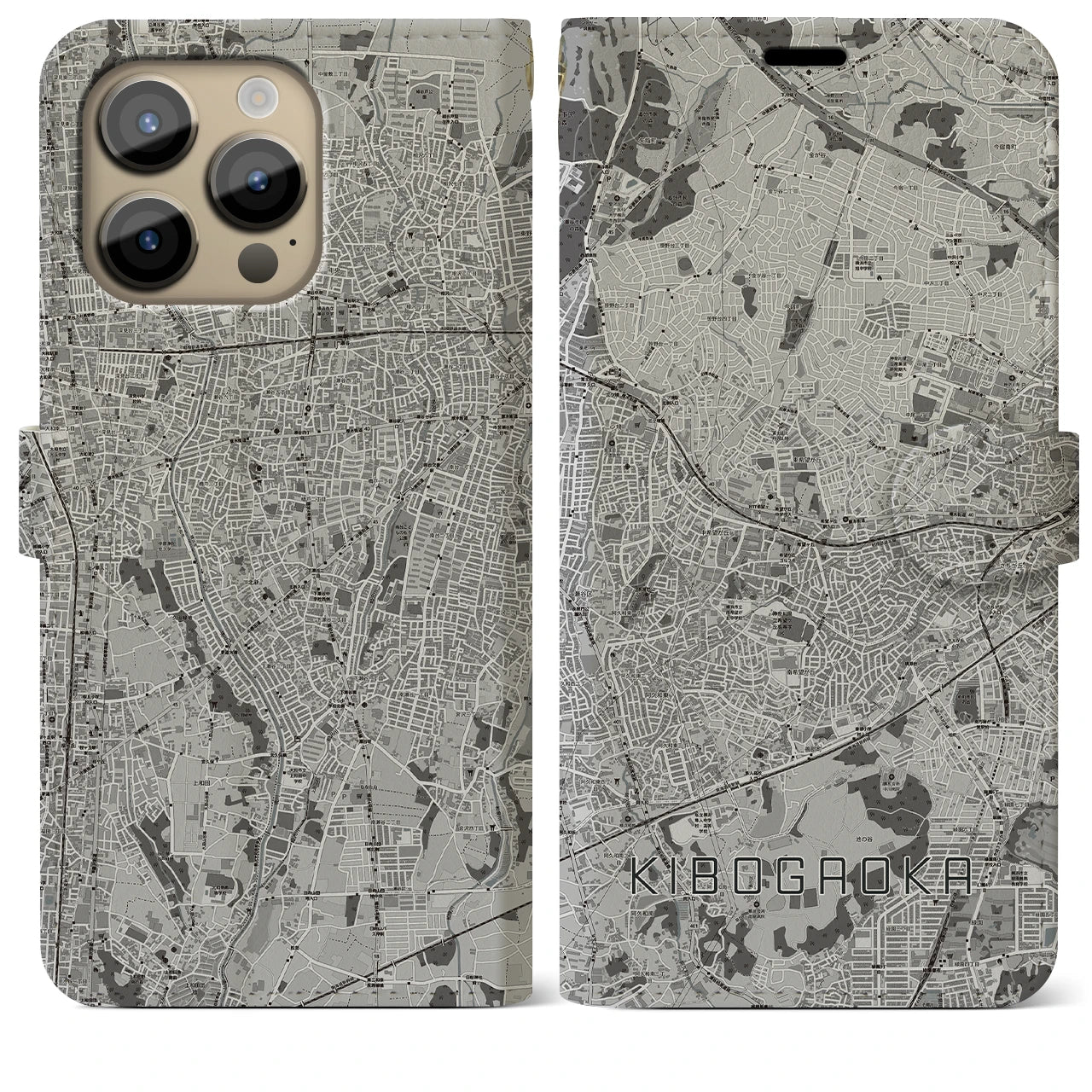 【希望ヶ丘(神奈川県)】地図柄iPhoneケース(手帳タイプ)モノトーン・iPhone 14 Pro Max 用