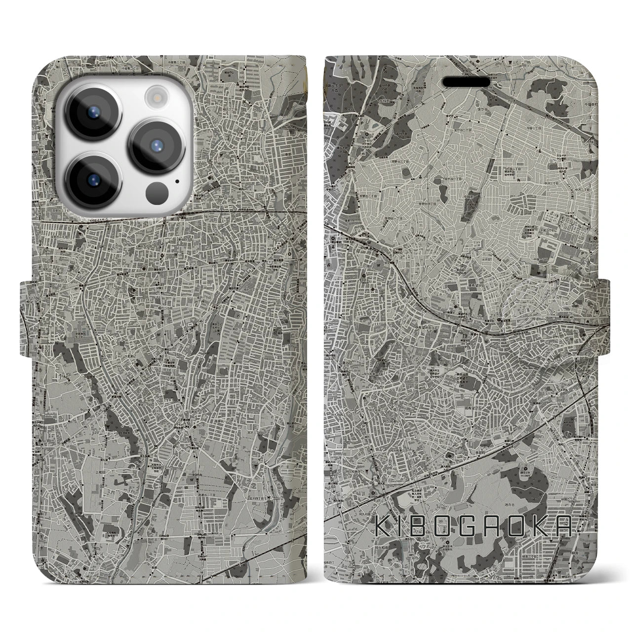 【希望ヶ丘(神奈川県)】地図柄iPhoneケース(手帳タイプ)モノトーン・iPhone 14 Pro 用