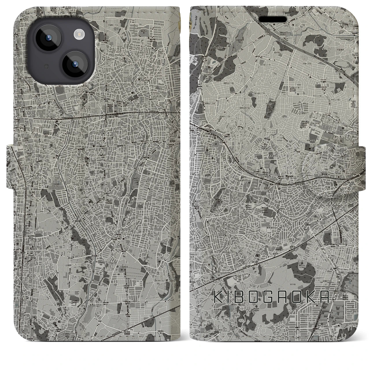 【希望ヶ丘(神奈川県)】地図柄iPhoneケース(手帳タイプ)モノトーン・iPhone 14 Plus 用