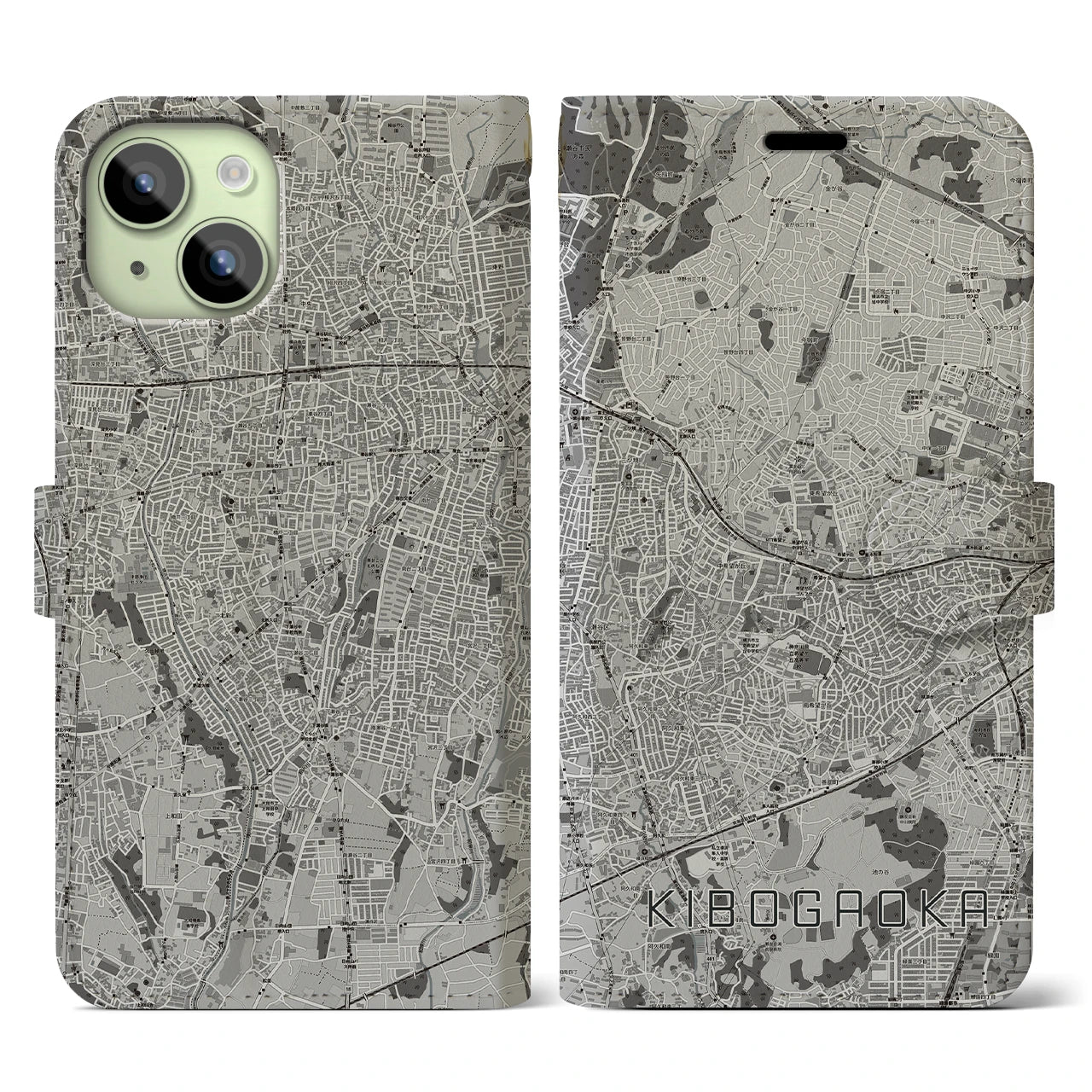 【希望ヶ丘(神奈川県)】地図柄iPhoneケース(手帳タイプ)モノトーン・iPhone 15 用