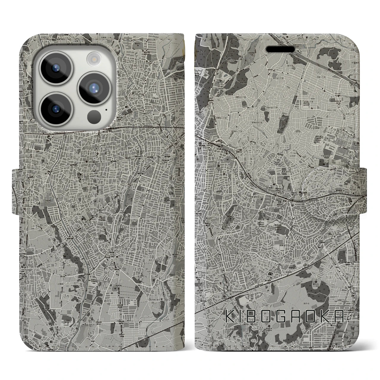 【希望ヶ丘(神奈川県)】地図柄iPhoneケース(手帳タイプ)モノトーン・iPhone 15 Pro 用