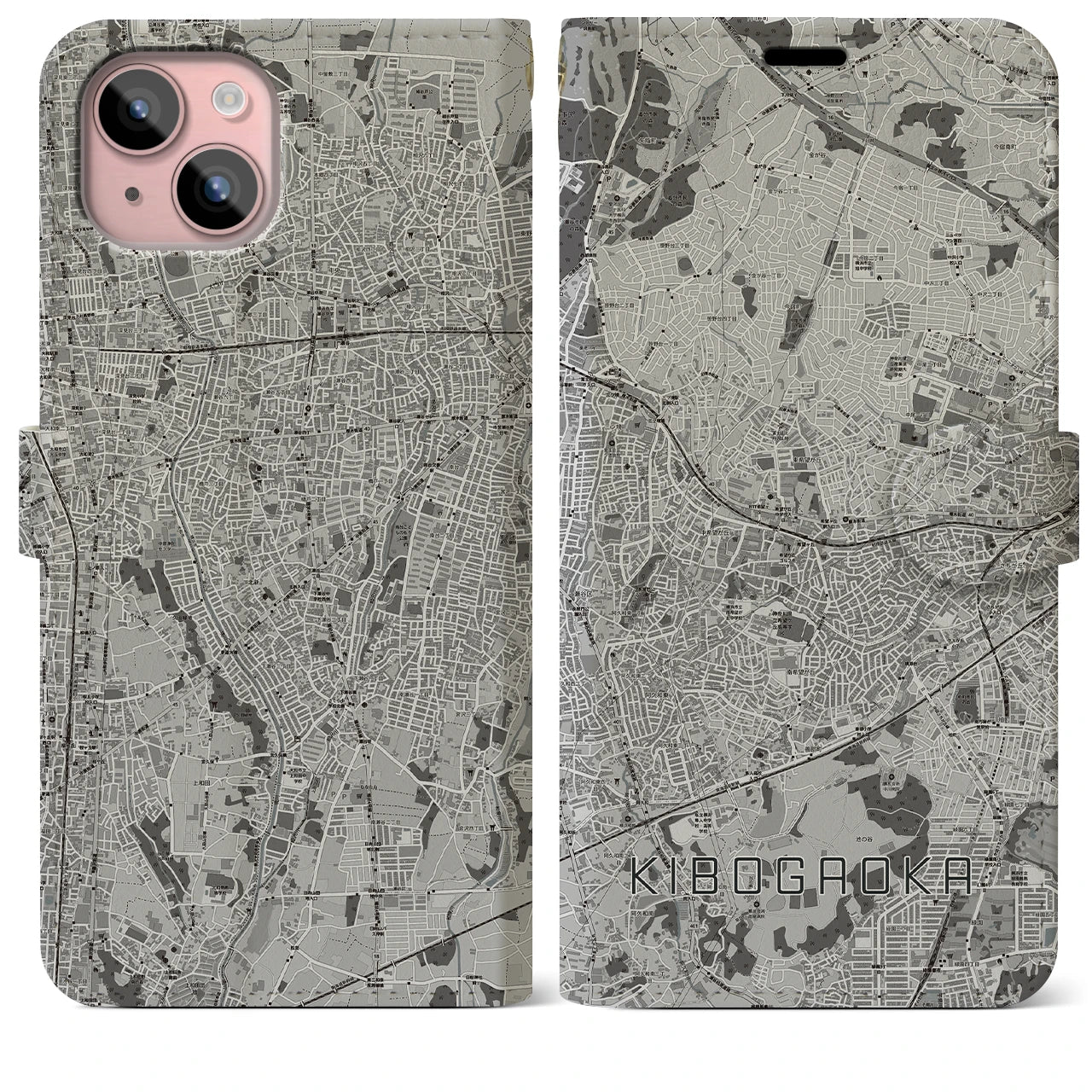 【希望ヶ丘(神奈川県)】地図柄iPhoneケース(手帳タイプ)モノトーン・iPhone 15 Plus 用