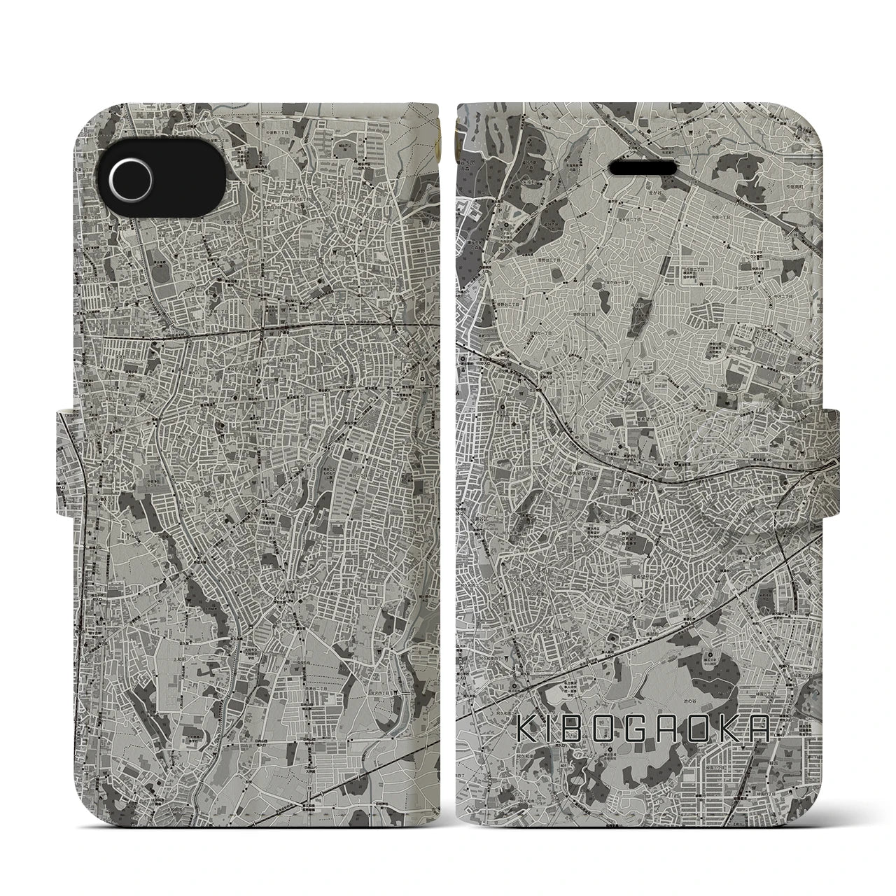 【希望ヶ丘(神奈川県)】地図柄iPhoneケース(手帳タイプ)モノトーン・iPhone SE(第3 / 第2世代) / 8 / 7 / 6s / 6 用