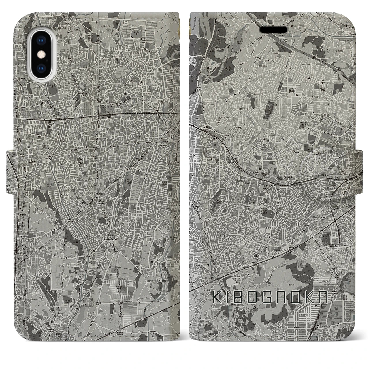 【希望ヶ丘(神奈川県)】地図柄iPhoneケース(手帳タイプ)モノトーン・iPhone XS Max 用