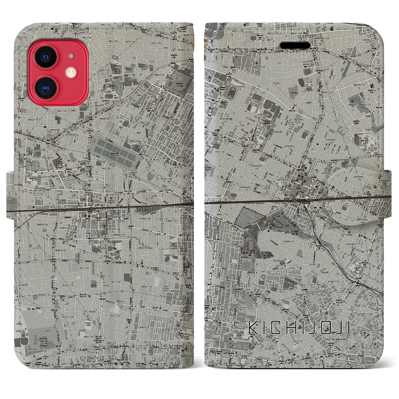 【吉祥寺2(東京都)】地図柄iPhoneケース(手帳タイプ)モノトーン・iPhone 11 用