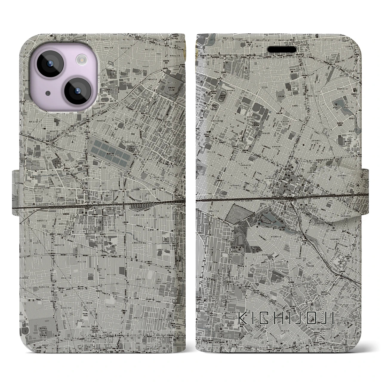 【吉祥寺2(東京都)】地図柄iPhoneケース(手帳タイプ)モノトーン・iPhone 14 用