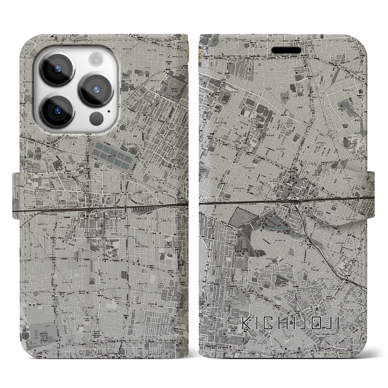 【吉祥寺2(東京都)】地図柄iPhoneケース(手帳タイプ)モノトーン・iPhone 14 Pro 用