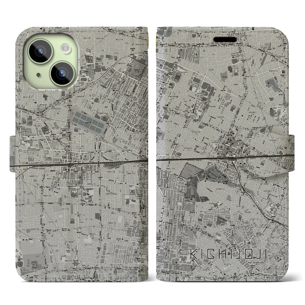 【吉祥寺2(東京都)】地図柄iPhoneケース(手帳タイプ)モノトーン・iPhone 15 用