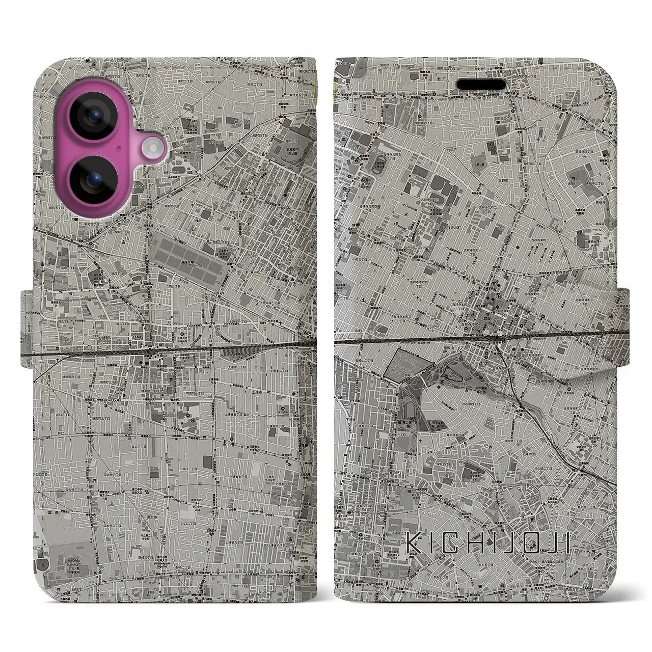【吉祥寺2(東京都)】地図柄iPhoneケース(手帳タイプ)モノトーン・iPhone 16 Pro 用