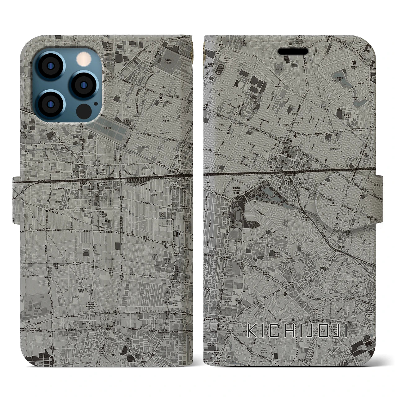 【吉祥寺(東京都)】地図柄iPhoneケース(手帳タイプ)モノトーン・iPhone 12 / 12 Pro 用