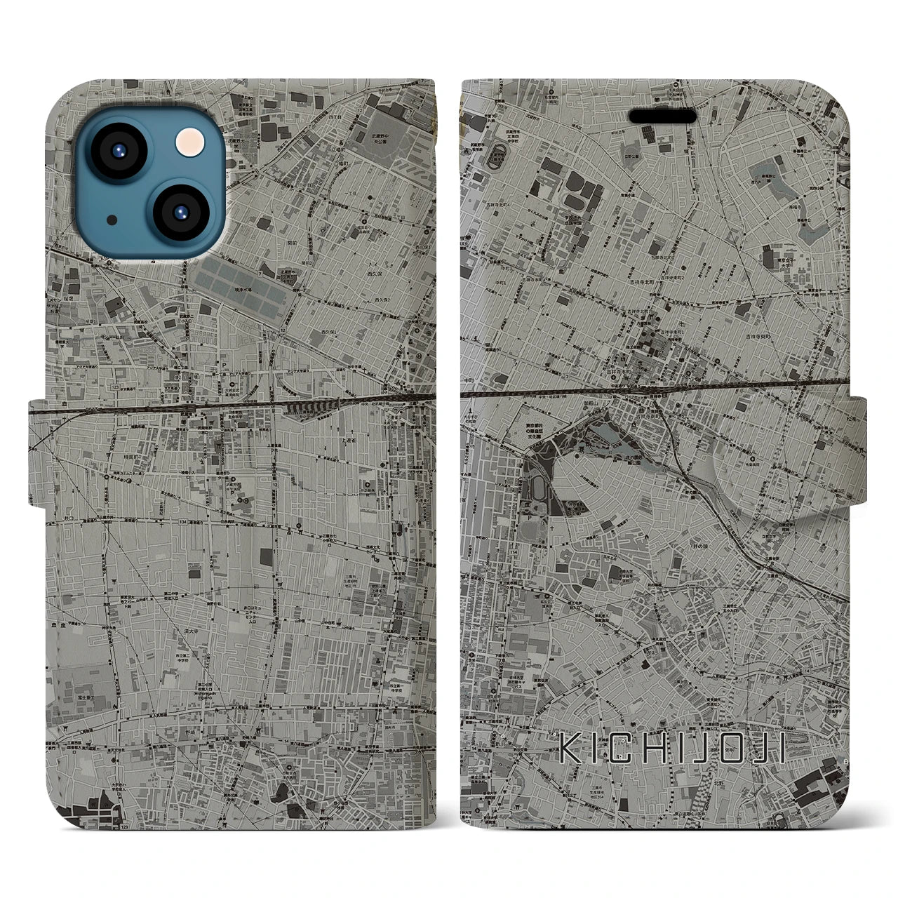 【吉祥寺(東京都)】地図柄iPhoneケース(手帳タイプ)モノトーン・iPhone 13 用