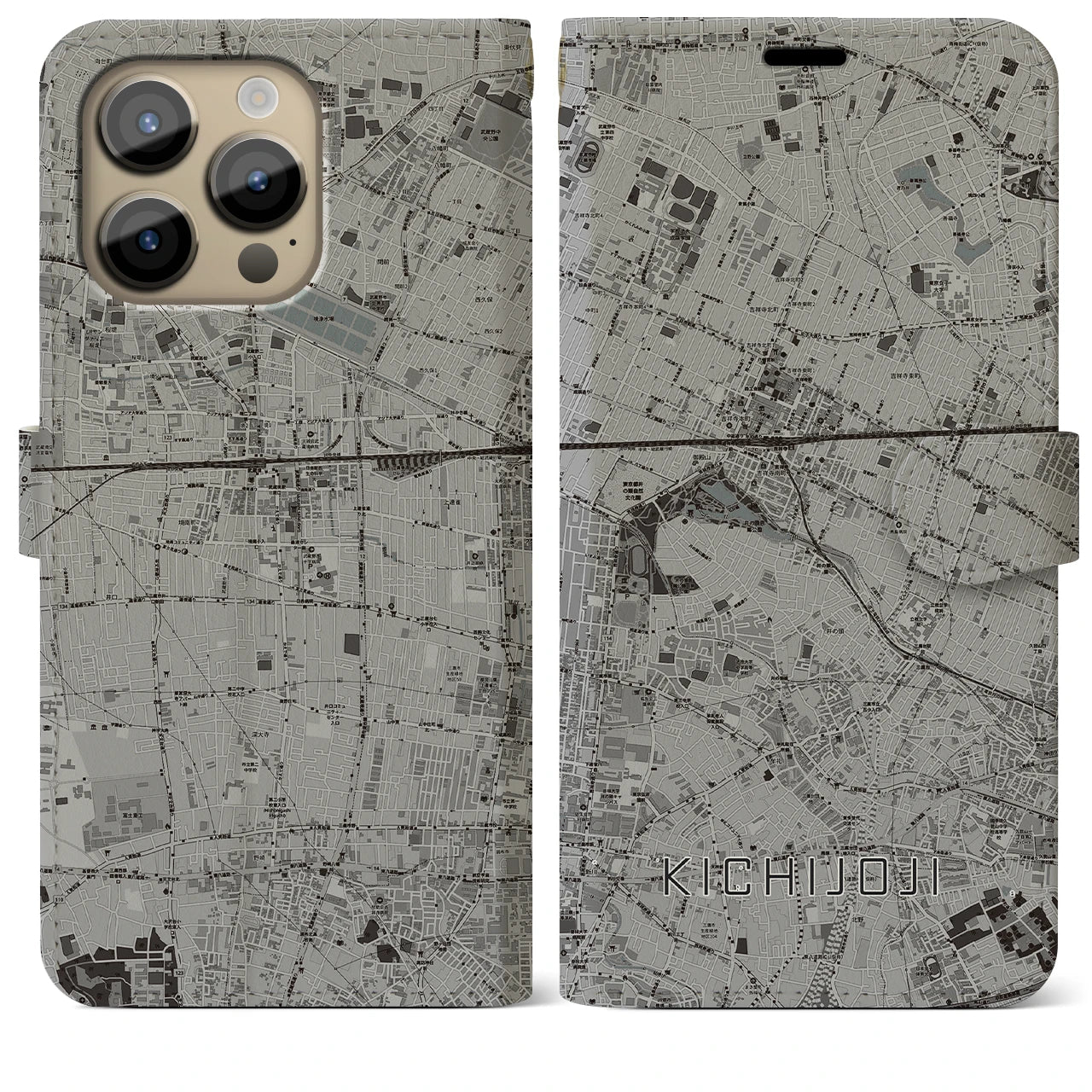 【吉祥寺(東京都)】地図柄iPhoneケース(手帳タイプ)モノトーン・iPhone 14 Pro Max 用