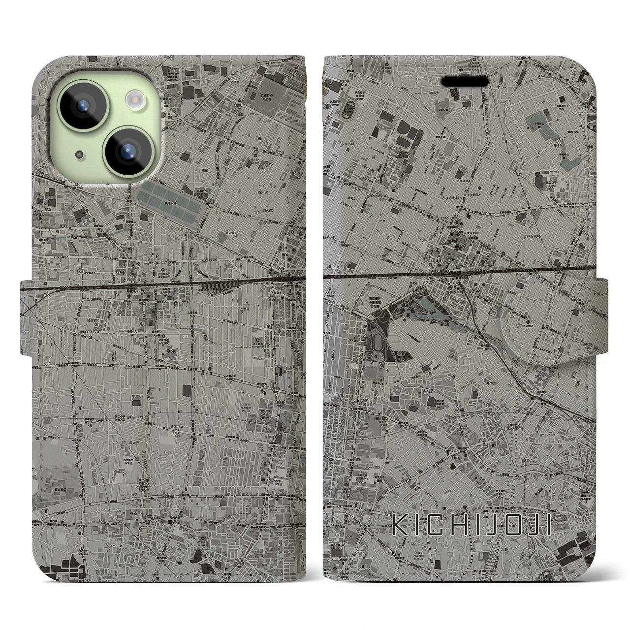 【吉祥寺(東京都)】地図柄iPhoneケース(手帳タイプ)モノトーン・iPhone 15 用