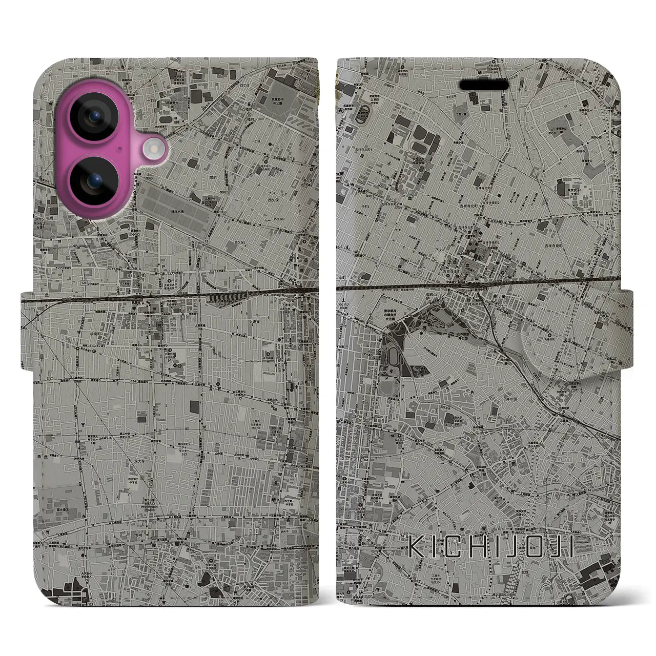 【吉祥寺(東京都)】地図柄iPhoneケース(手帳タイプ)モノトーン・iPhone 16 Pro 用