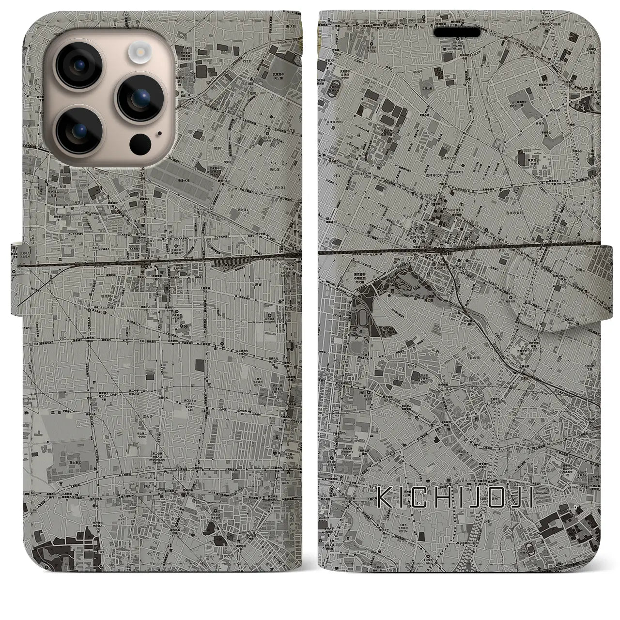 【吉祥寺(東京都)】地図柄iPhoneケース(手帳タイプ)モノトーン・iPhone 16 Plus 用