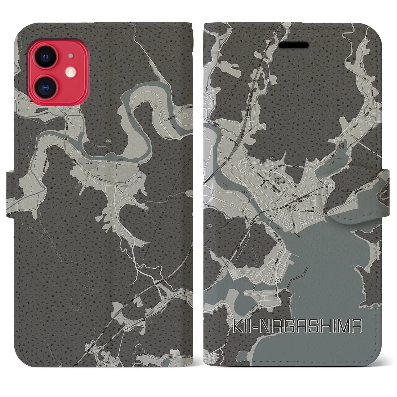 【紀伊長島(三重県)】地図柄iPhoneケース(手帳タイプ)モノトーン・iPhone 11 用