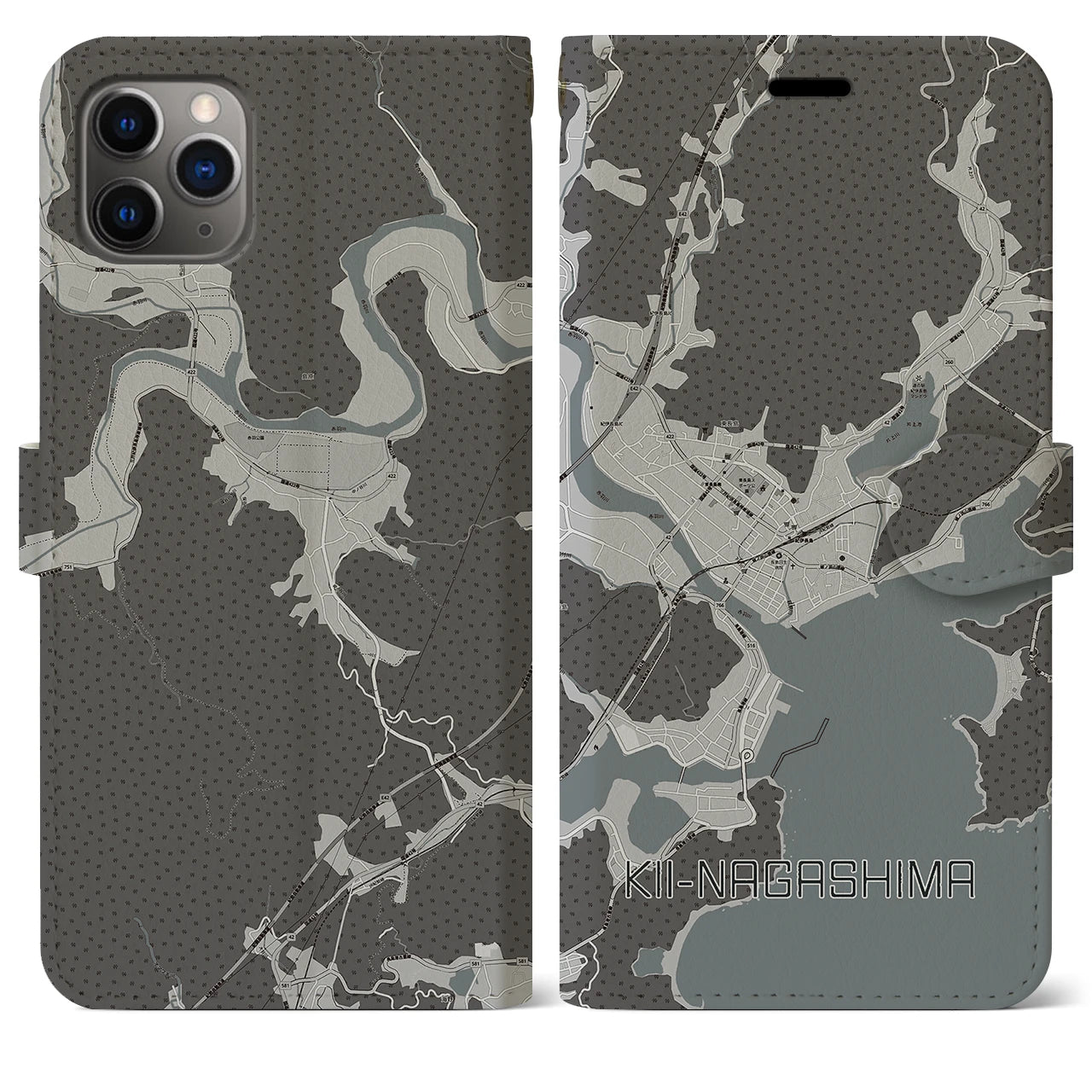 【紀伊長島(三重県)】地図柄iPhoneケース(手帳タイプ)モノトーン・iPhone 11 Pro Max 用