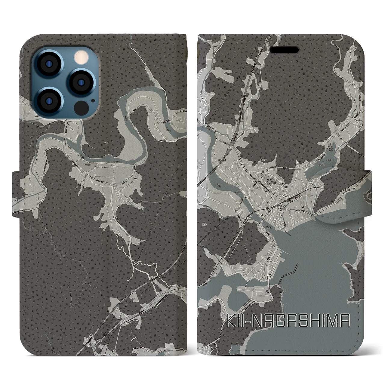 【紀伊長島(三重県)】地図柄iPhoneケース(手帳タイプ)モノトーン・iPhone 12 / 12 Pro 用
