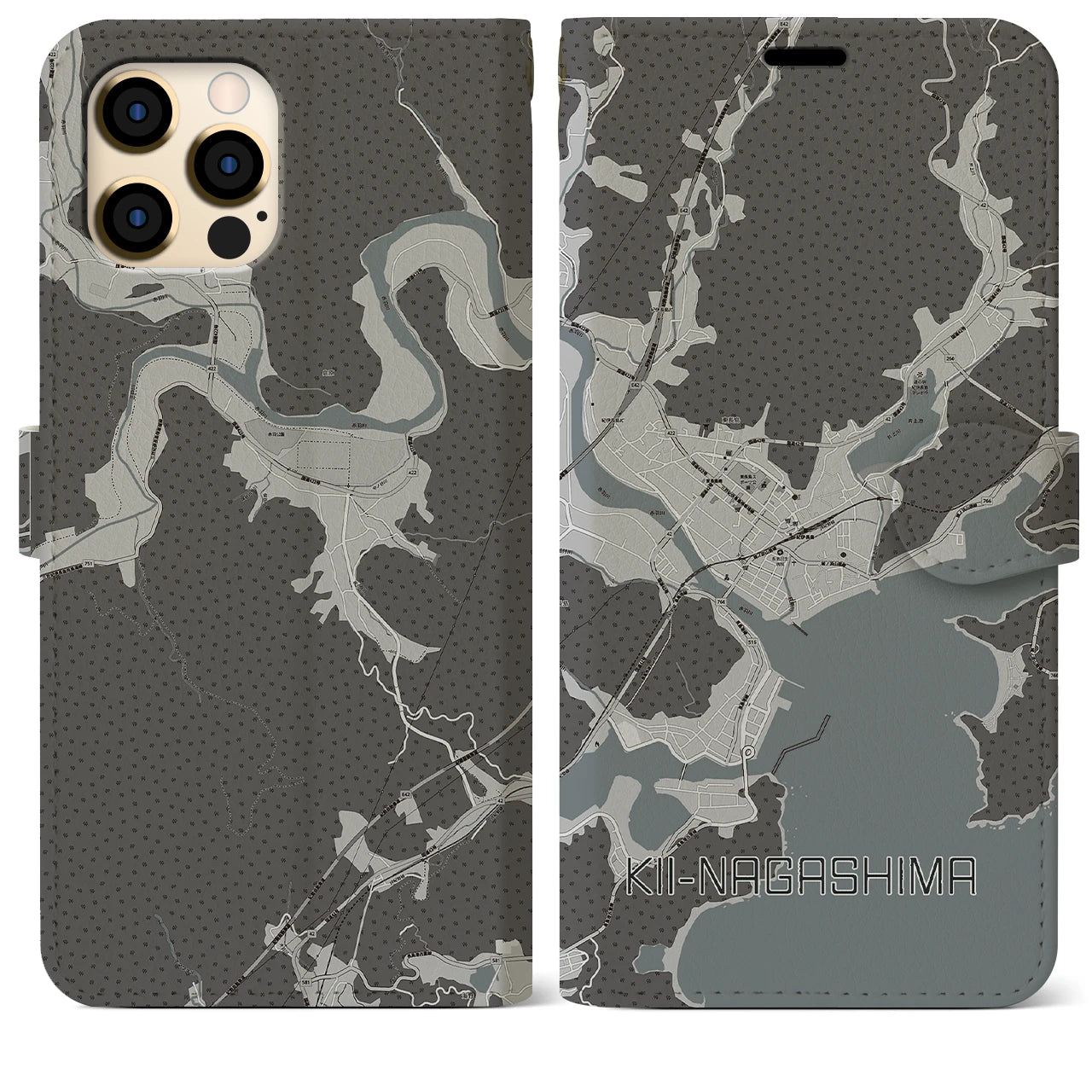 【紀伊長島(三重県)】地図柄iPhoneケース(手帳タイプ)モノトーン・iPhone 12 Pro Max 用