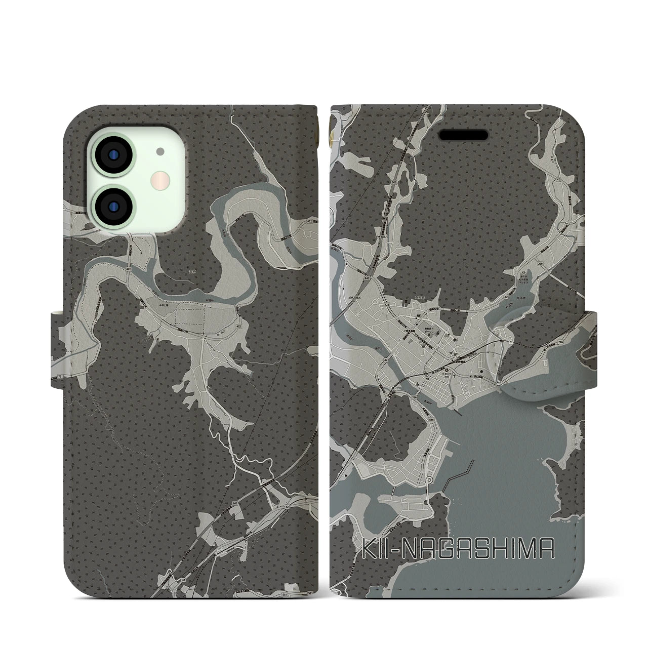 【紀伊長島(三重県)】地図柄iPhoneケース(手帳タイプ)モノトーン・iPhone 12 mini 用