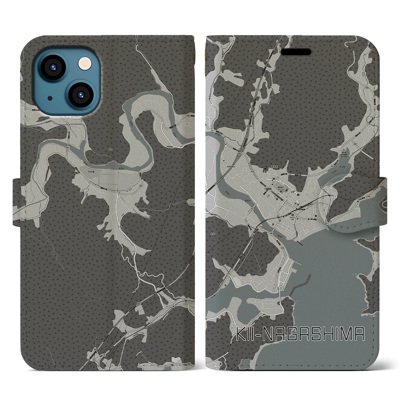 【紀伊長島(三重県)】地図柄iPhoneケース(手帳タイプ)モノトーン・iPhone 13 用