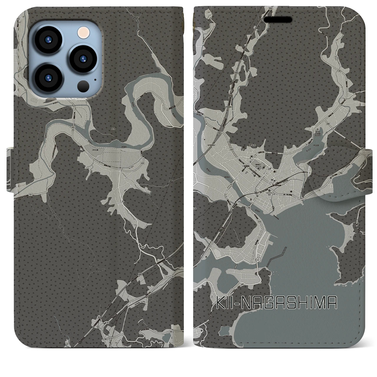 【紀伊長島(三重県)】地図柄iPhoneケース(手帳タイプ)モノトーン・iPhone 13 Pro Max 用