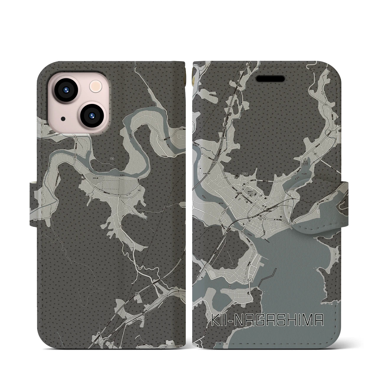 【紀伊長島(三重県)】地図柄iPhoneケース(手帳タイプ)モノトーン・iPhone 13 mini 用