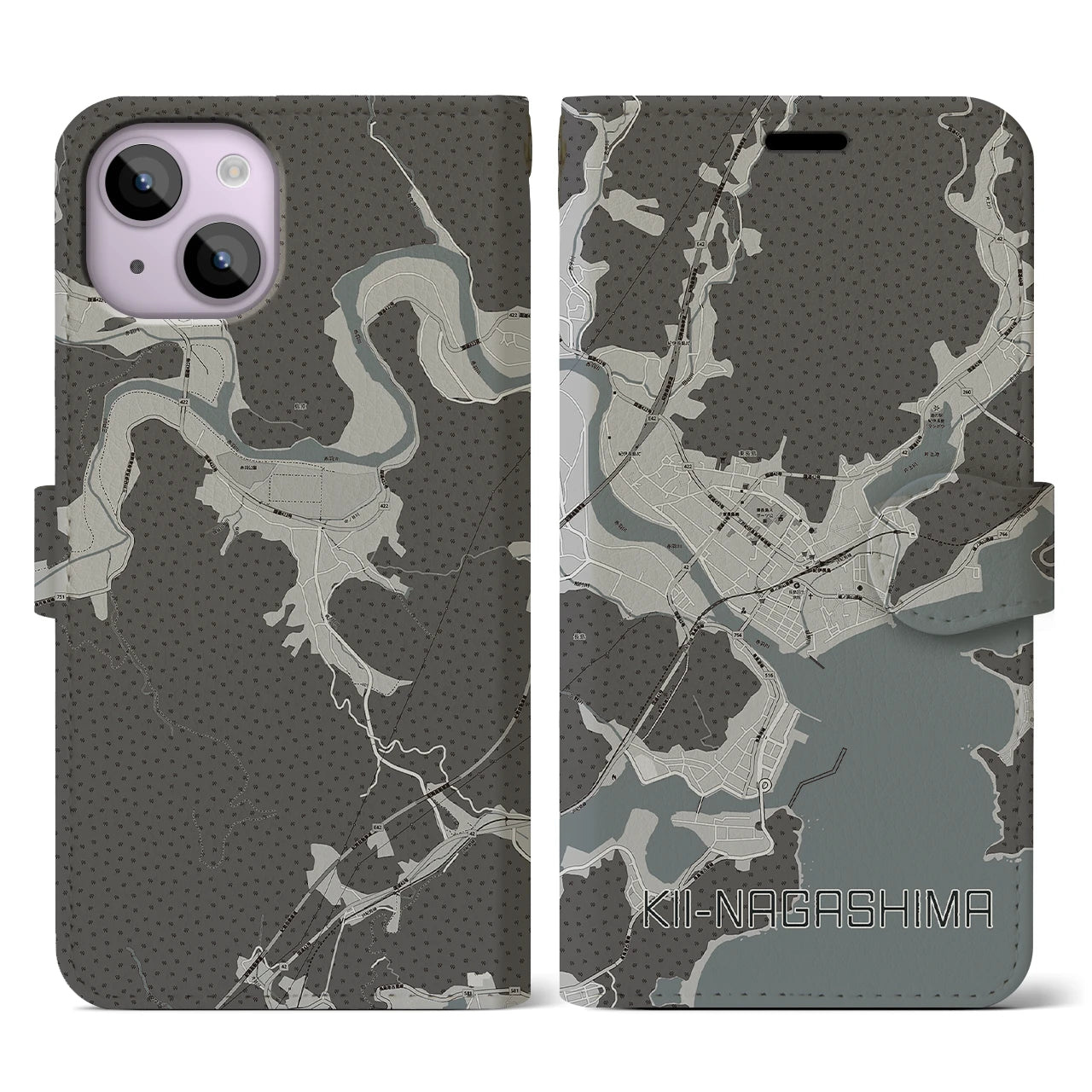 【紀伊長島(三重県)】地図柄iPhoneケース(手帳タイプ)モノトーン・iPhone 14 用