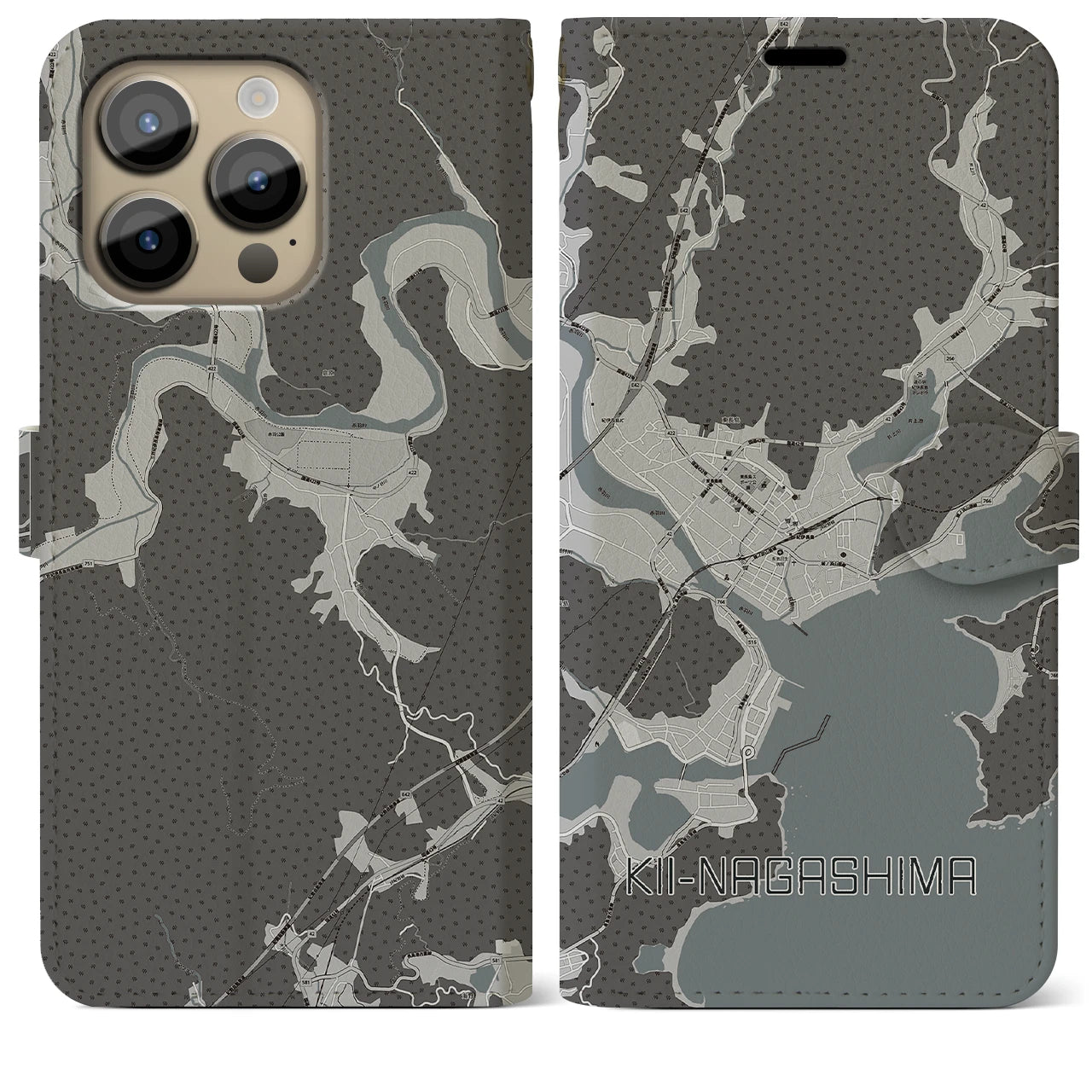 【紀伊長島(三重県)】地図柄iPhoneケース(手帳タイプ)モノトーン・iPhone 14 Pro Max 用