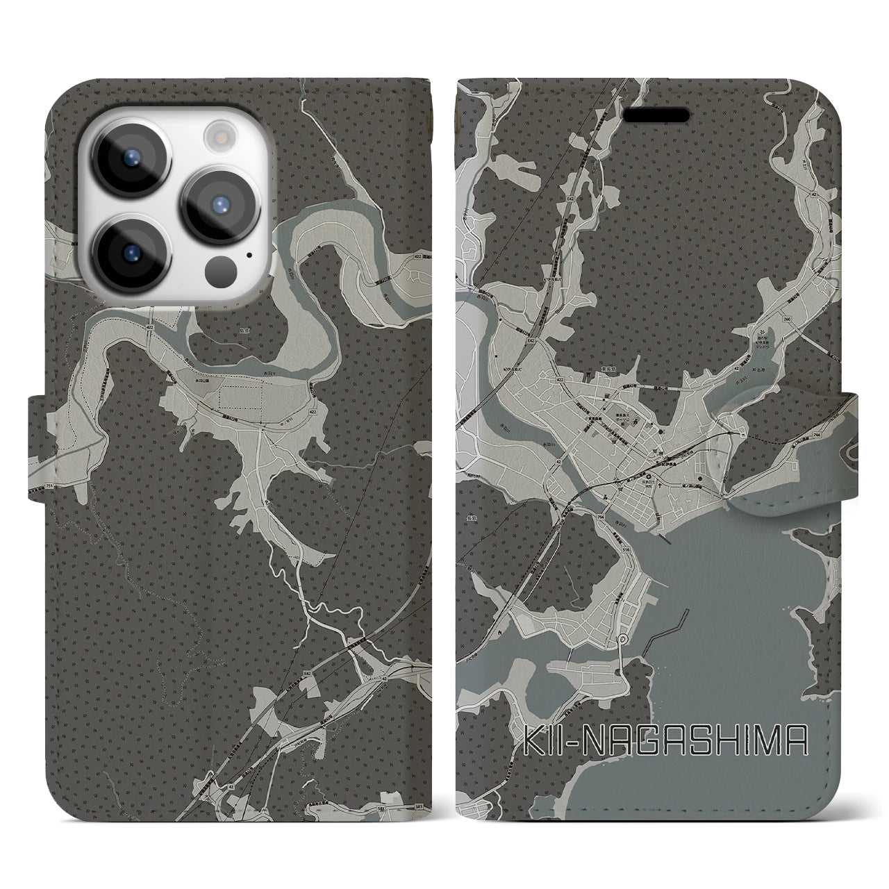 【紀伊長島(三重県)】地図柄iPhoneケース(手帳タイプ)モノトーン・iPhone 14 Pro 用