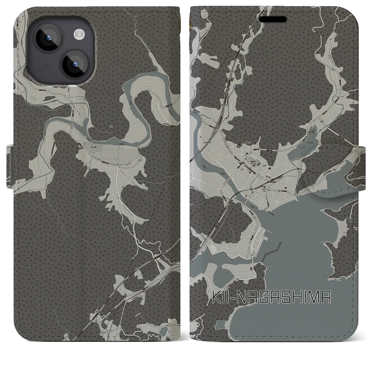 【紀伊長島(三重県)】地図柄iPhoneケース(手帳タイプ)モノトーン・iPhone 14 Plus 用