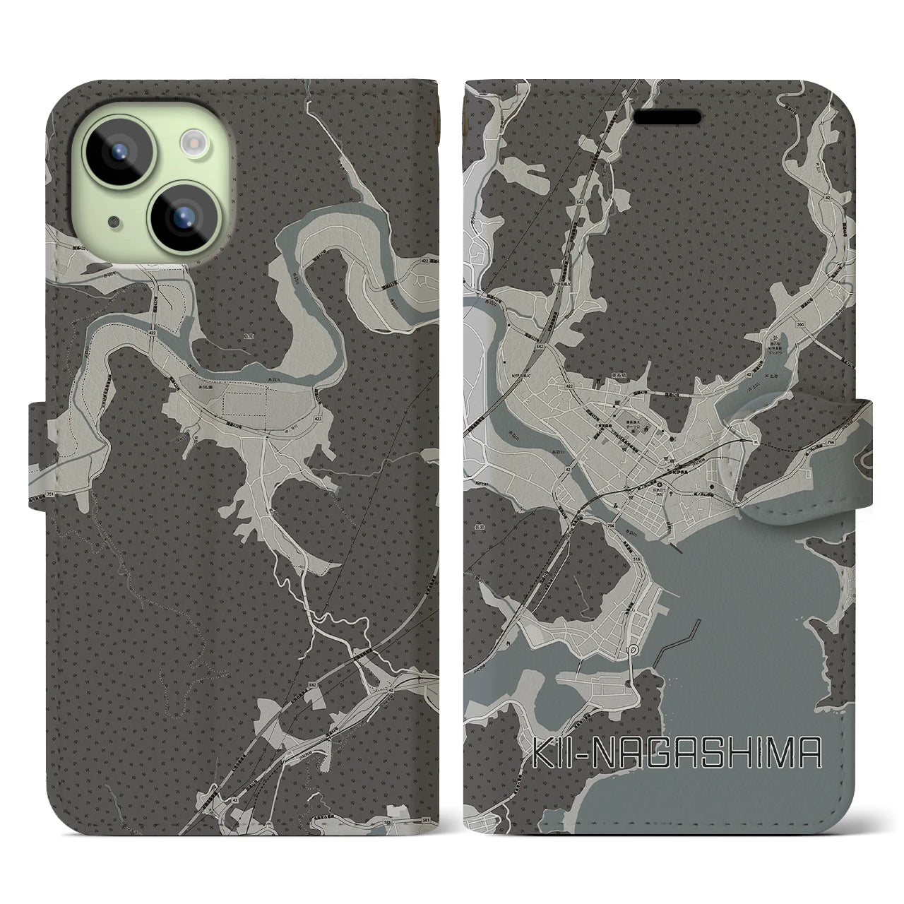 【紀伊長島(三重県)】地図柄iPhoneケース(手帳タイプ)モノトーン・iPhone 15 用