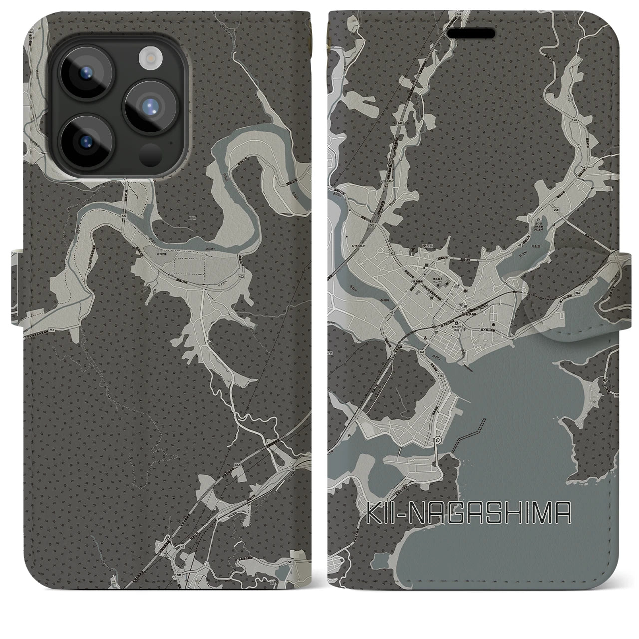 【紀伊長島(三重県)】地図柄iPhoneケース(手帳タイプ)モノトーン・iPhone 15 Pro Max 用