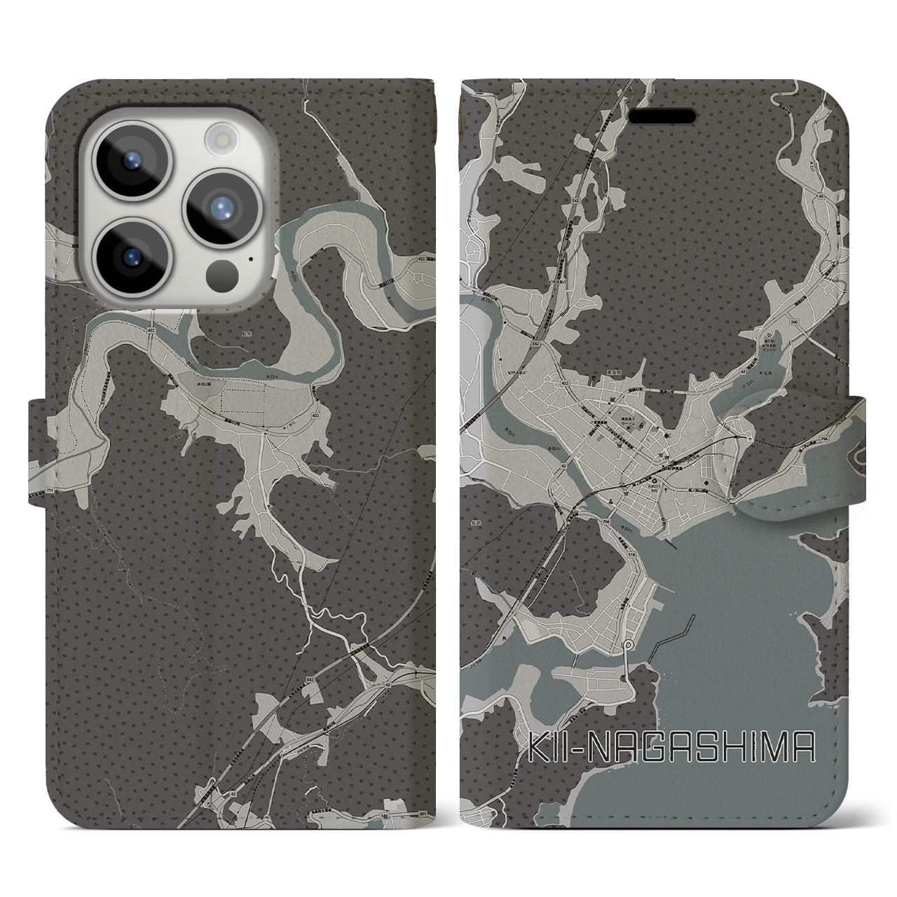 【紀伊長島(三重県)】地図柄iPhoneケース(手帳タイプ)モノトーン・iPhone 15 Pro 用
