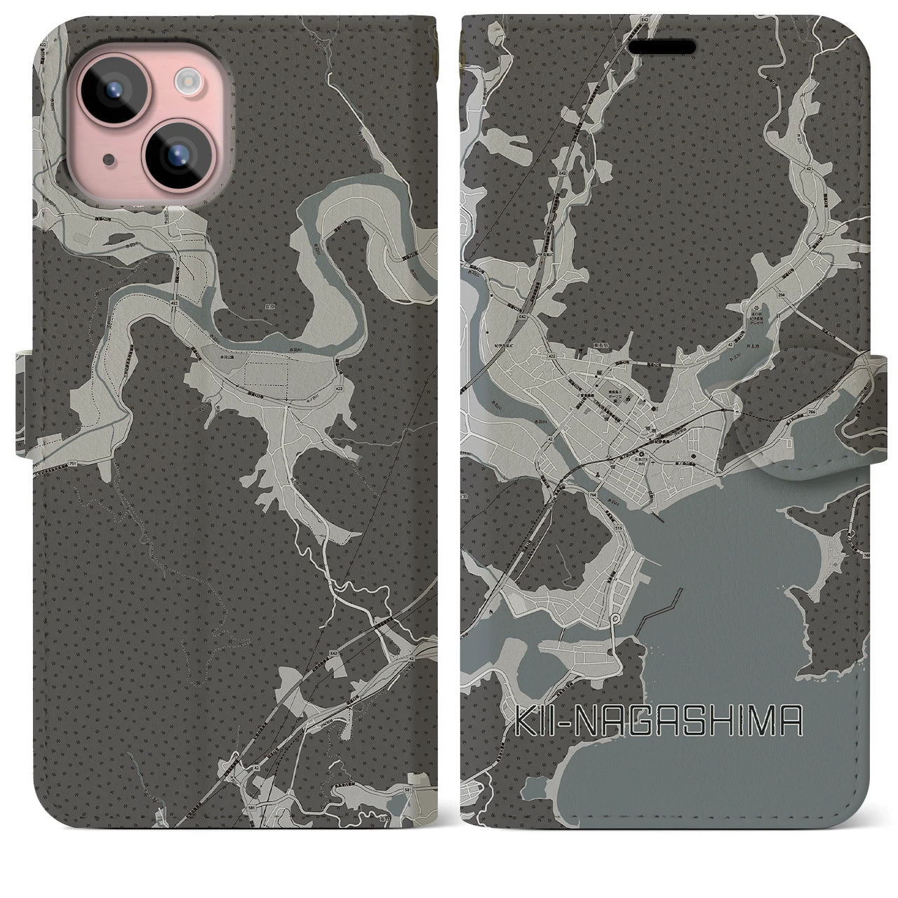 【紀伊長島(三重県)】地図柄iPhoneケース(手帳タイプ)モノトーン・iPhone 15 Plus 用