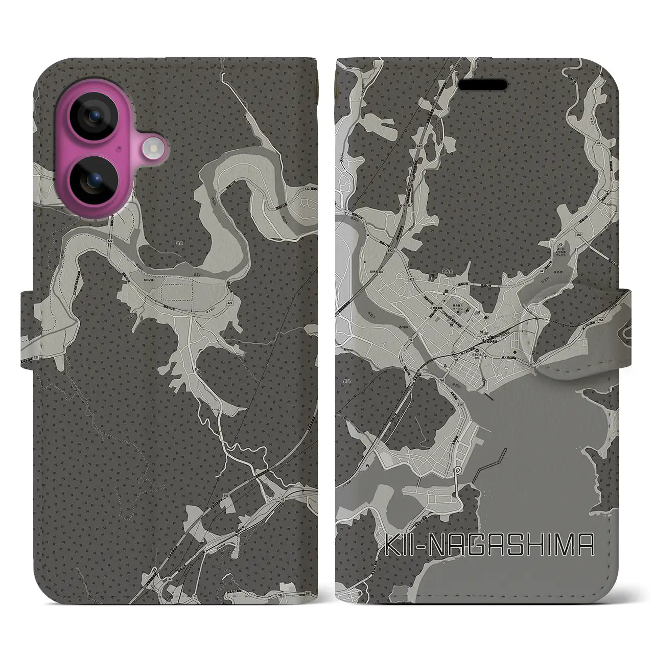 【紀伊長島(三重県)】地図柄iPhoneケース(手帳タイプ)モノトーン・iPhone 16 Pro 用