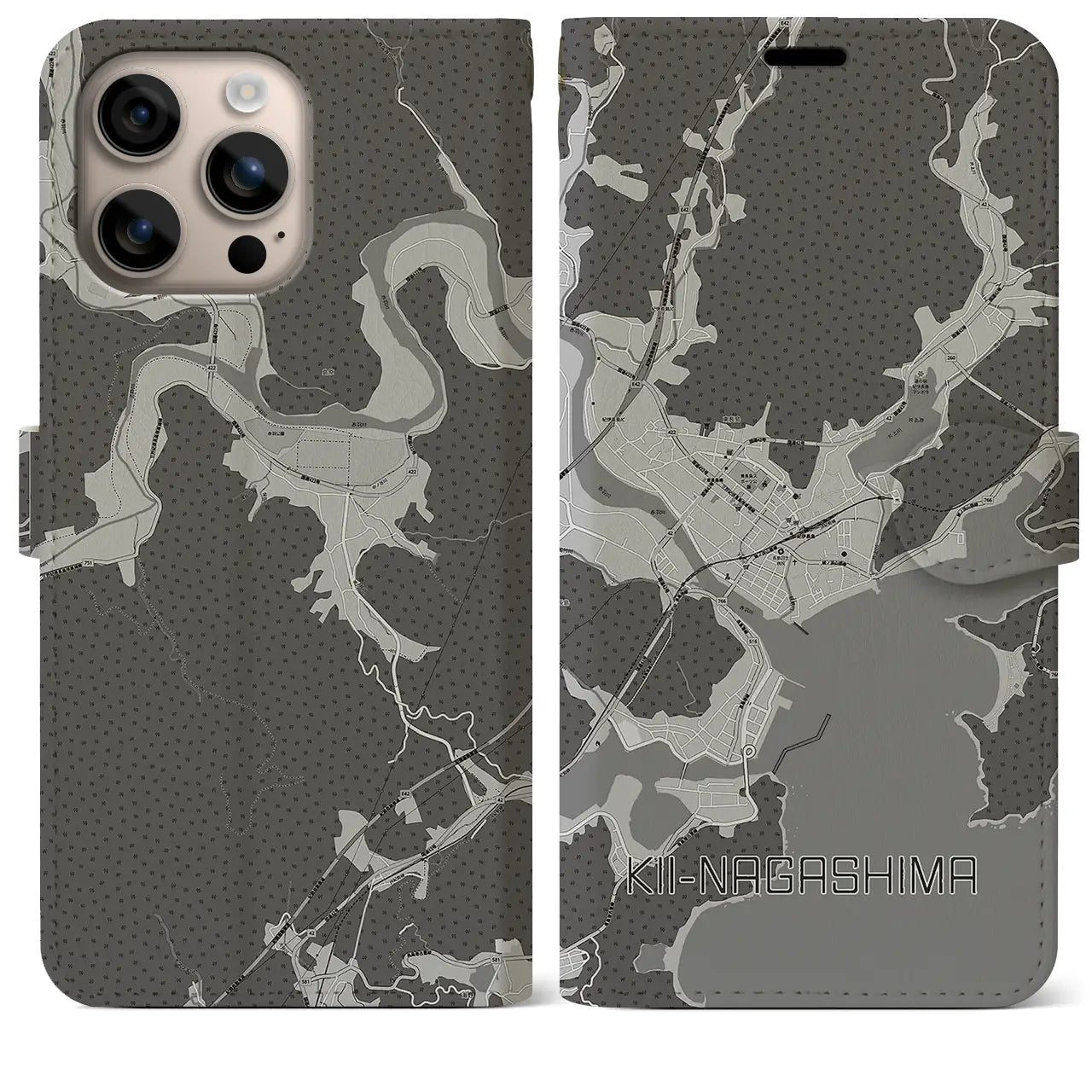 【紀伊長島(三重県)】地図柄iPhoneケース(手帳タイプ)モノトーン・iPhone 16 Plus 用