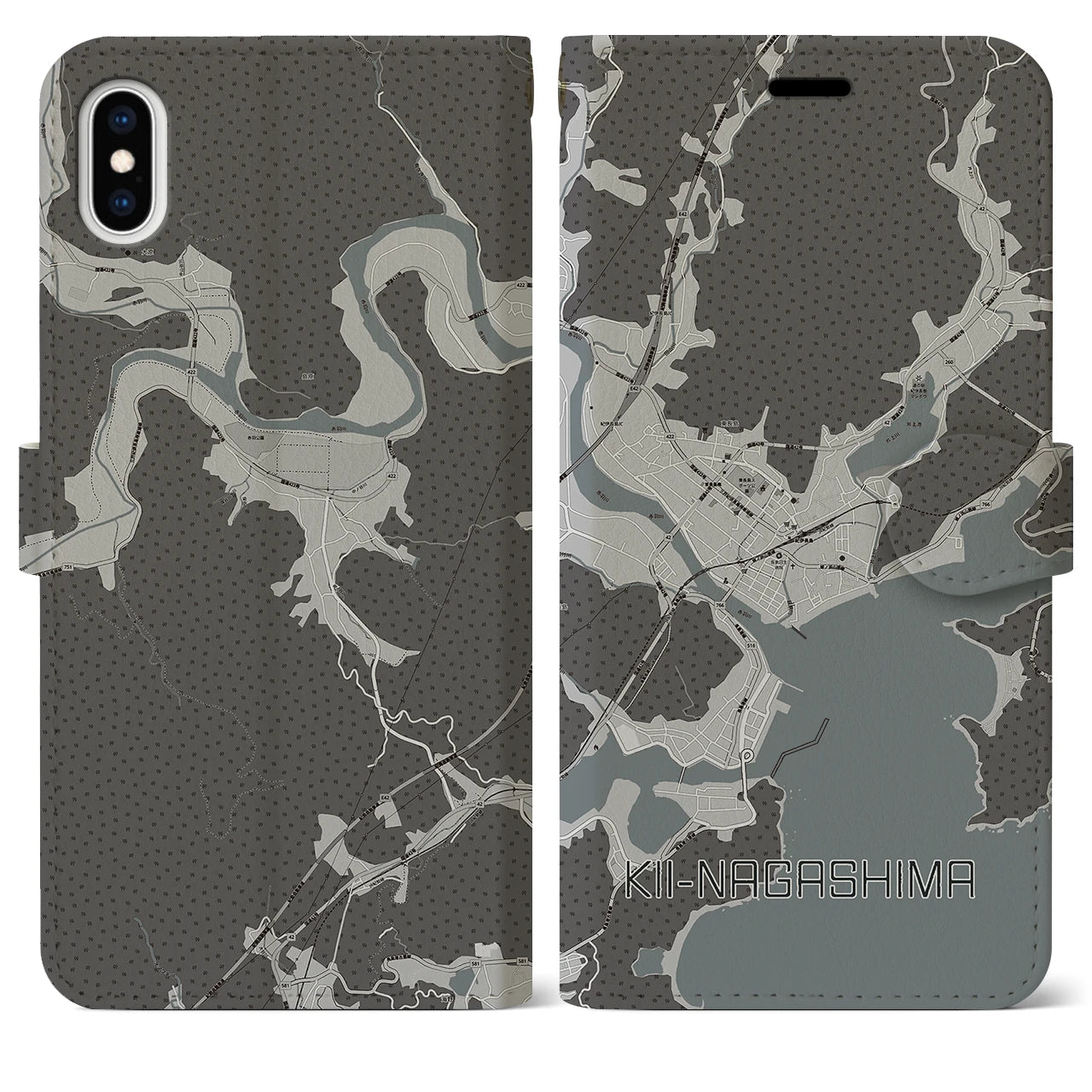 【紀伊長島(三重県)】地図柄iPhoneケース(手帳タイプ)モノトーン・iPhone XS Max 用