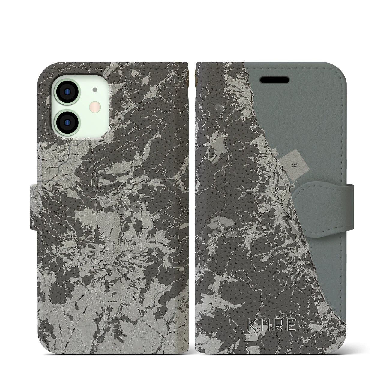 【喜入(鹿児島県)】地図柄iPhoneケース(手帳タイプ)モノトーン・iPhone 12 mini 用