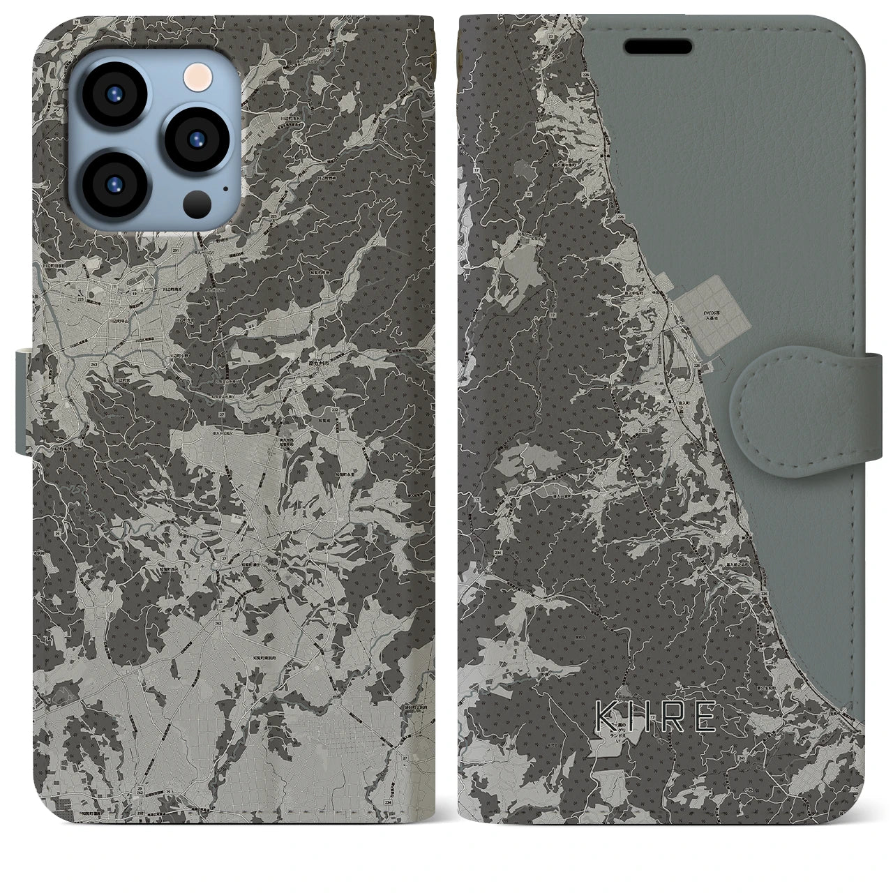 【喜入(鹿児島県)】地図柄iPhoneケース(手帳タイプ)モノトーン・iPhone 13 Pro Max 用
