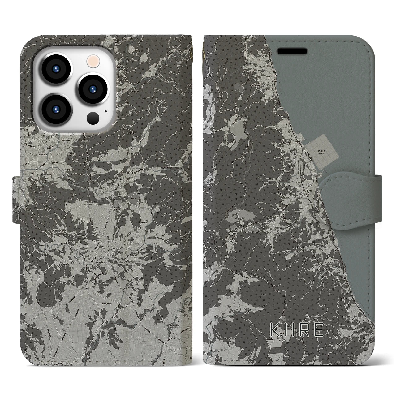 【喜入(鹿児島県)】地図柄iPhoneケース(手帳タイプ)モノトーン・iPhone 13 Pro 用