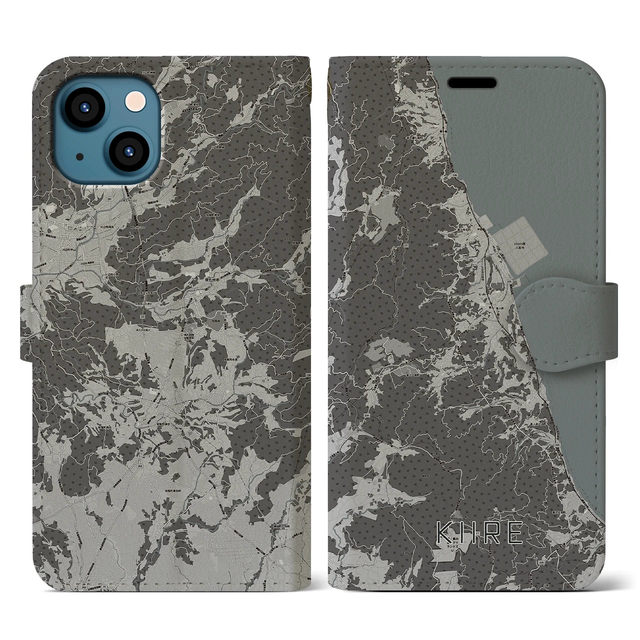 【喜入(鹿児島県)】地図柄iPhoneケース(手帳タイプ)モノトーン・iPhone 13 用