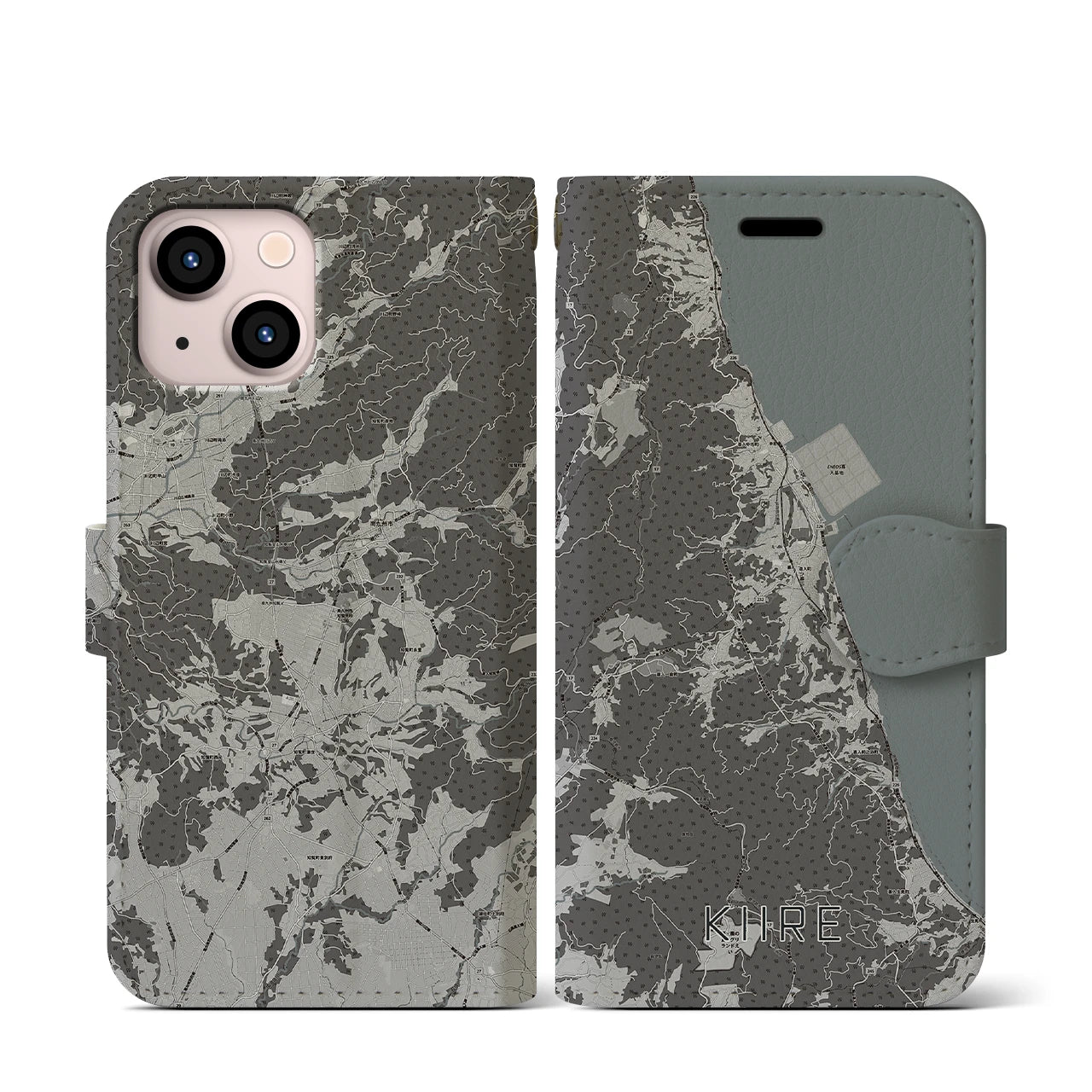 【喜入(鹿児島県)】地図柄iPhoneケース(手帳タイプ)モノトーン・iPhone 13 mini 用