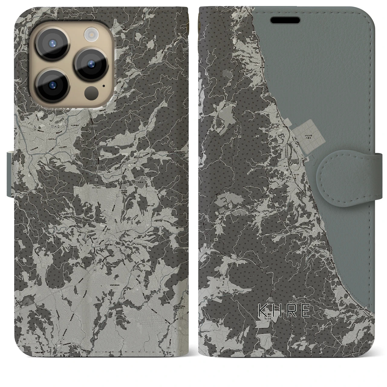 【喜入(鹿児島県)】地図柄iPhoneケース(手帳タイプ)モノトーン・iPhone 14 Pro Max 用