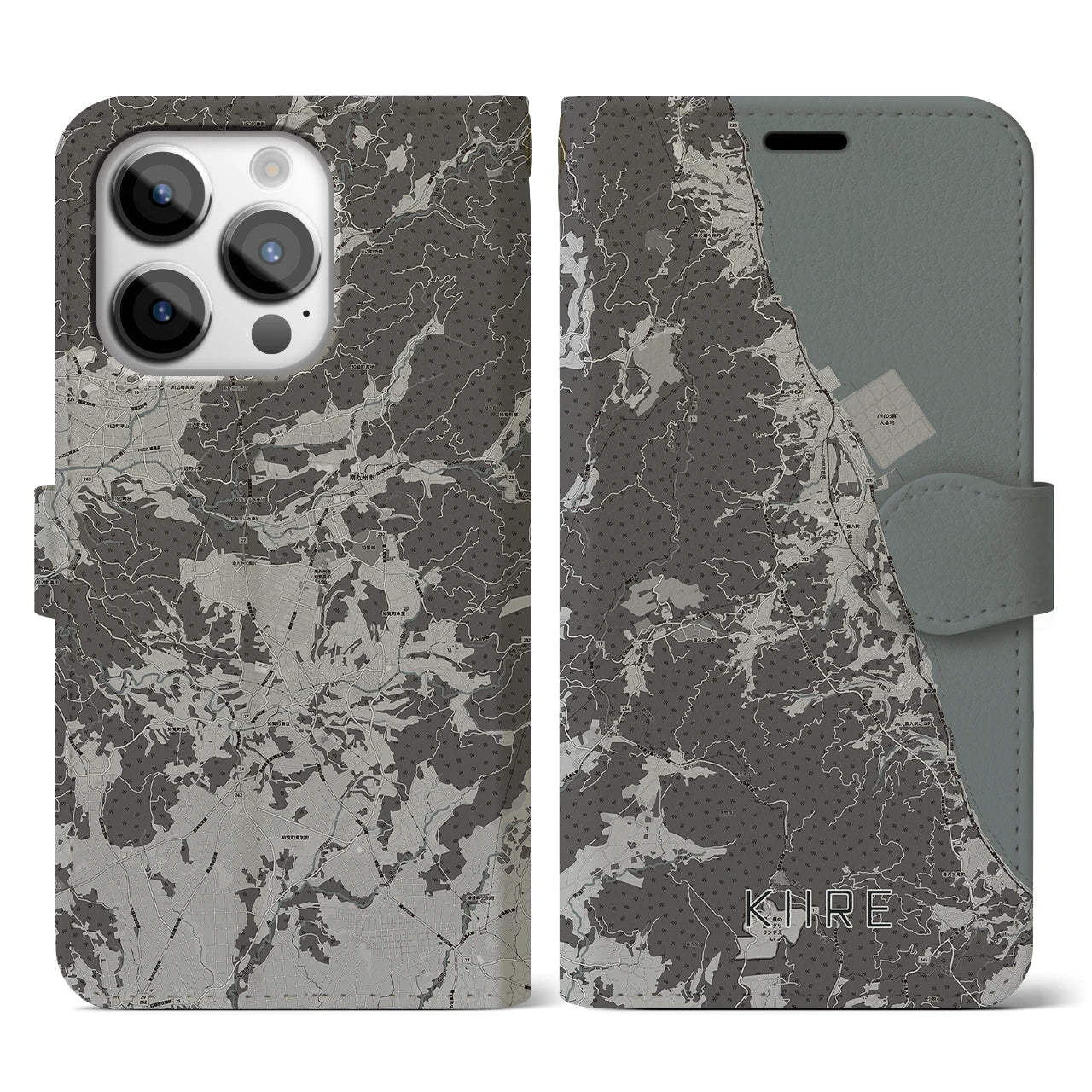 【喜入(鹿児島県)】地図柄iPhoneケース(手帳タイプ)モノトーン・iPhone 14 Pro 用